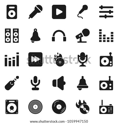 Flat vector icon set - bell vector, disk, music hit, microphone, radio, speaker, equalizer, headphones, play button, forward, jack