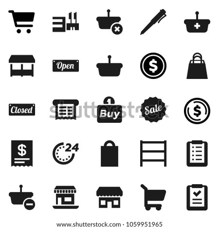 Flat vector icon set - pen vector, dollar coin, cart, office, shelving, sale, open, closed, 24 hour, shopping bag, market, store, mall, buy, receipt, basket, list
