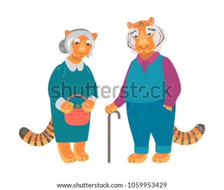 Vector cute old tiger and tigress character isolated on white. Tiger grandparents