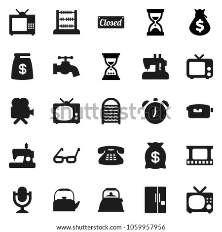 Flat vector icon set - water tap vector, washboard, kettle, glasses, alarm clock, abacus, money bag, sand, film frame, tv, video camera, microphone, classic phone, fridge, closed, sewing machine