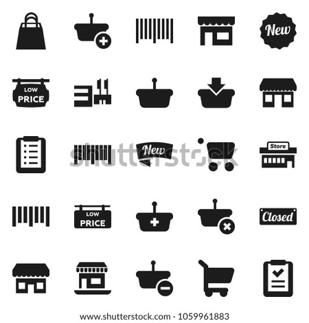 Flat vector icon set - office vector, barcode, low price signboard, new, closed, shopping bag, store, mall, basket, cart, list