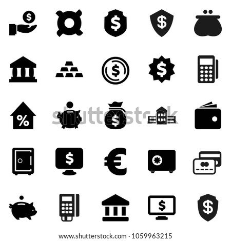 Flat vector icon set - school building vector, bank, dollar coin, wallet, percent growth, money bag, piggy, investment, medal, shield, safe, monitor, any currency, euro sign, gold ingot, credit card