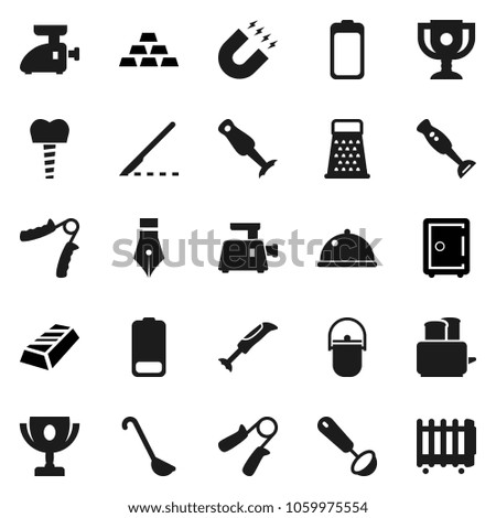Flat vector icon set - camping cauldron vector, ladle, grater, toaster, blender, dish, pen, award cup, magnet, gold ingot, safe, hand trainer, battery, scalpel, tooth implant, meat grinder, heater
