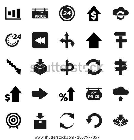 Flat vector icon set - graph vector, crisis, percent growth, dollar, target, arrow up, route, signpost, package, backward button, cloud exchange, refresh, undo, upload, low price signboard, 24 hour