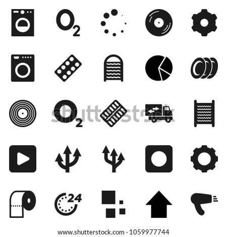 Flat vector icon set - washboard vector, toilet paper, plates, pie graph, arrow up, oxygen, disk, play button, rec, pills blister, gear, loading, route, relocation truck, 24 hour, washer, hair dryer