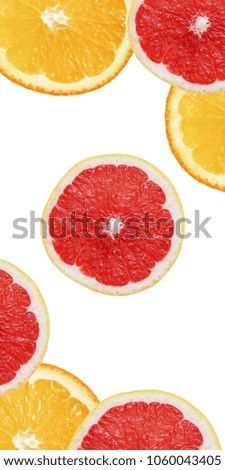 Fruit citrus exotic. Orange and grapefruit on the white background. Top view.