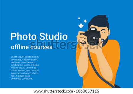 Happy photographer is taking a photo using slr camera. Flat vector illustration of young male character shooting using lens camera. Banner design for photo studio courses and ads Royalty-Free Stock Photo #1060057115