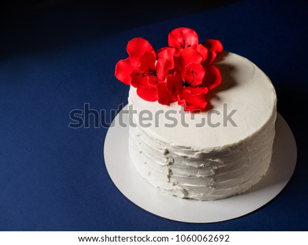 Beautiful White Poppy Seed cake with red paste poppy flower. White cake on a dark-blue background. Right side composition. Horizontal photo