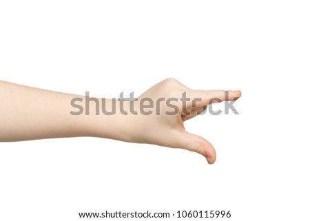 Kid hand measuring invisible items, child palm making gesture while showing small amount of something on white isolated background, side view, cutout