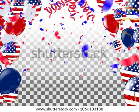 USA Independence day poster with air balloons and with a garland from American flags. American Memorial Day celebration poster, vector illustration.

