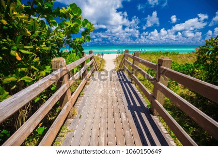 Walkway to famous South Beach, Miami Beach, Florida