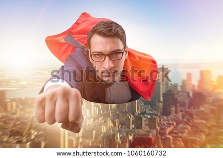 Flying super hero over the city 