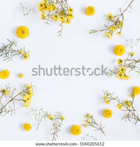 Flowers composition. Frame made of yellow flowers on gray background. Flat lay, top view, square, copy space