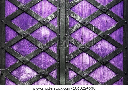 Ultra violet color old wooden doors with a forged metal. Toned background