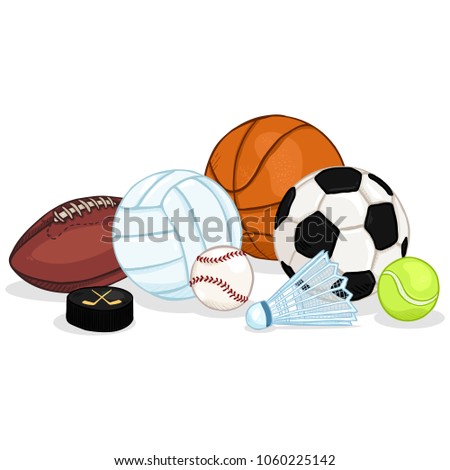 Vector Cartoon Color Sport Set - Pile of Different Balls and Equipment