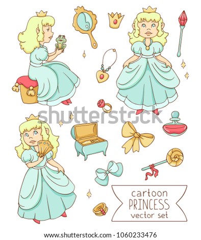 Cartoon princess vector set, cute color pictures for design and illustration.