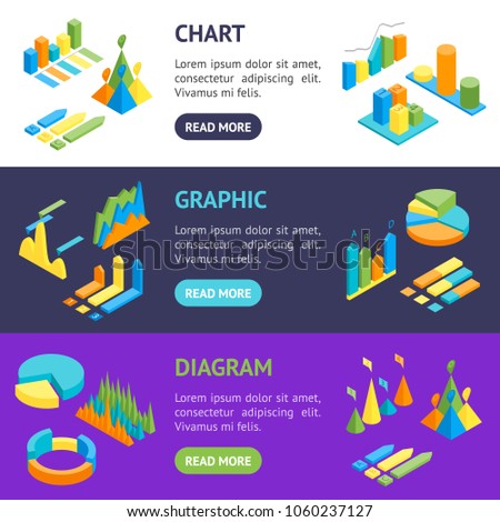 Charts and Graphs Banner Horizontal Set 3d Isometric View for Design Documents, Reports, Presentations or Promotion. Vector illustration of Chart and Graph
