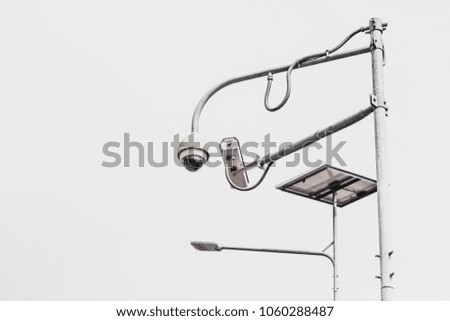 Solar Panel Installation Use with LED lamps that is energy saving street. In terms of engineering and installation cctv on white background isolated , soft focus , blurred. 