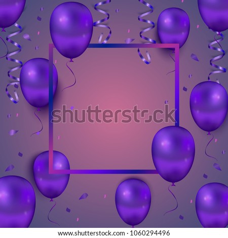 Background with purple balloons and square frame, vector illustration