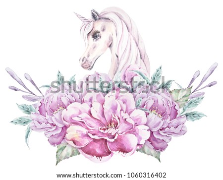 Watercolor floral logo with unicorn. Romantic illustration on white background