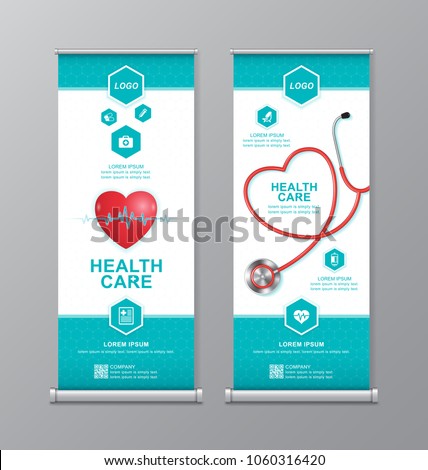 health care and medical roll up design, standee and banner template decoration for exhibition, printing, presentation and brochure flyer concept vector illustration