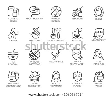 Set of 20 icons on cosmetology theme. Labels isolated. Beauty therapy, medicine, healthcare, wellness treatment linear symbols. Correction, rejuvenation, anti-aging procedure logo. Vector graphic Royalty-Free Stock Photo #1060367294