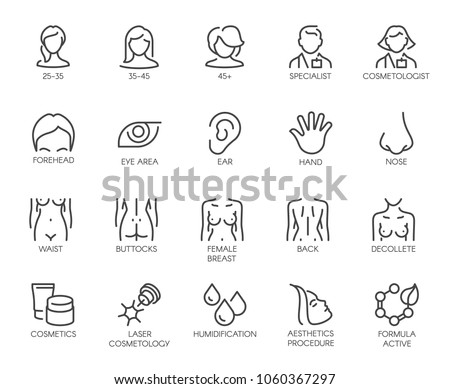 Thematic set icons isolated. Avatar of women of different ages, doctor, beautician, facial parts, female figure and cosmetic concept logos. 20 line labels. Vector illustration of cosmetology series Royalty-Free Stock Photo #1060367297