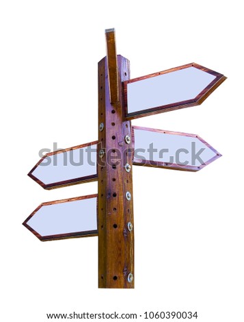 Empty multi-directional five way wooden signpost. Isolated. Closeup