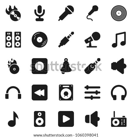 Flat vector icon set - bell vector, music, disk, hit, microphone, speaker, headphones, play button, backward, rec, jack, equalizer, radio