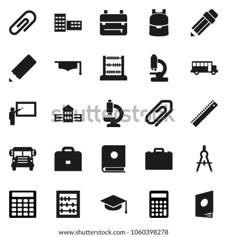 Flat vector icon set - graduate hat vector, pencil, school building, blackboard, ruler, drawing compass, case, backpack, bus, abacus, calculator, microscope, attachment, catalog