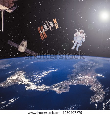 Spacecraft and astronaut. Space view, earth globe. The elements of this image furnished by NASA.
