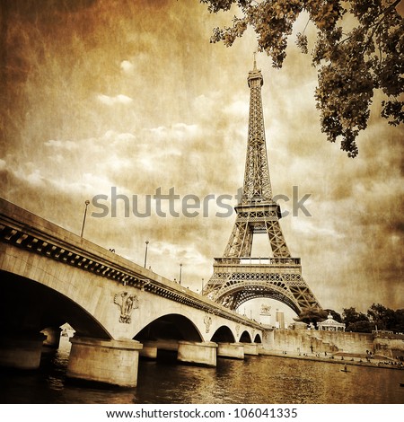 View of Eiffel tower and river in monochrome vintage filtered style Royalty-Free Stock Photo #106041335
