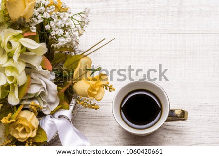 Good morning with coffee and spring flowers