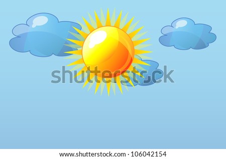 Vector illustration of clouds and sun in blue sky.