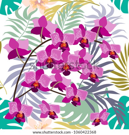 Light tropical background with blooming yellow and purple orchids, ferns and palm leaves. Seamless botanical pattern with aloha motifs. Trendy design for textile, cards and invitations.