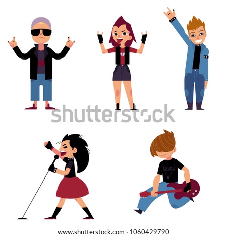Set of characters of teenagers who play and sing rock music. Collection of teen boys and girls on music concert. Isolated on white background. Cartoon character. Flat colorful vector illustration.