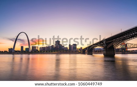 st. louis skyscraper at night with reflection in river,st. louis,missouri,usa. Royalty-Free Stock Photo #1060449749