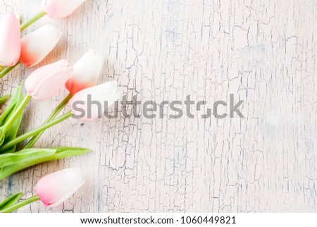 Mother's Day concept, greeting card background. Flowers tulips on a light concrete table, copy space top view