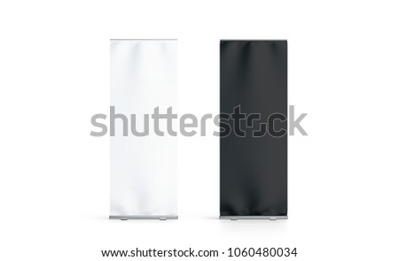 Blank white and black roll-up banner set display mockup, isolated, 3d rendering. Clear rollup baner design mock up, front view. Empty roller sign board template stand.