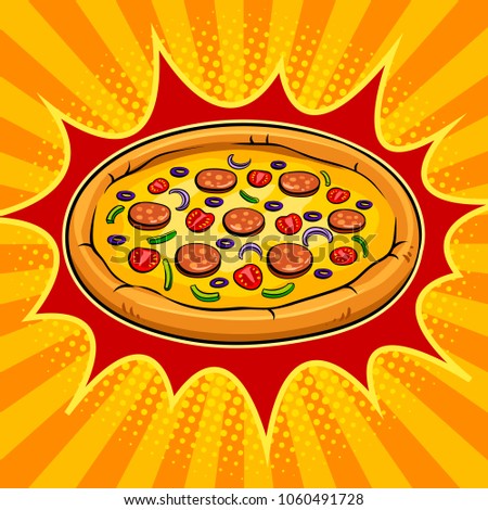 Round pizza pop art retro raster illustration. Color background. Comic book style imitation.