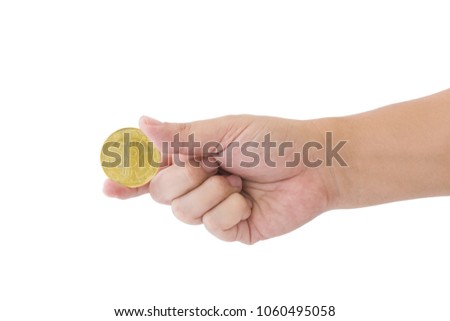 Closeup Hand Holding Bitcoin Isolated on White Background, Digital Money Concept.