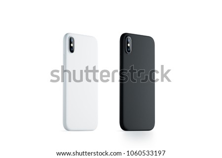 Blank black and white phone case mock up, stand left side isolated, Empty smartphone side view cover mockup ready for logo or pattern print presentation. Cellphone protector cover concept. Cell casing