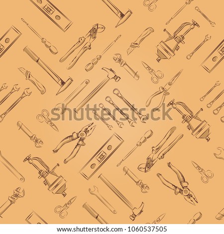 Seamless hand drawn tools set pattern in brown color on beige background