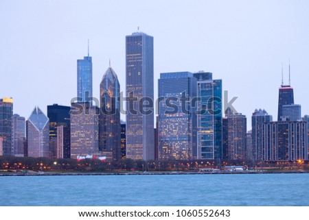 Downtown city skyline at night, Chicago, Illinois, USA