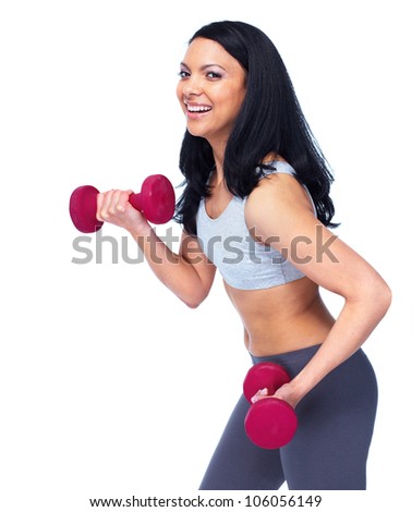 Beautiful young fitness woman with a dumbbells. Isolated over white background.