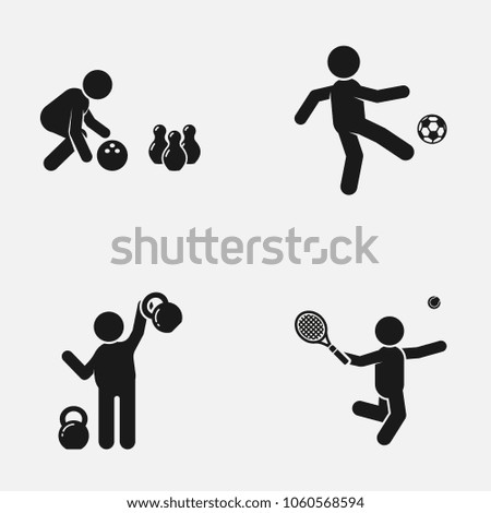 Set of sport games and gym elements flat vector icon. Bowling, football, weightlifting and tennis illustration.