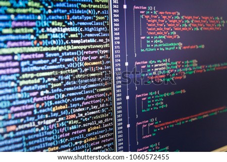 Programming of Internet website. Developer occupation work photo. Webdesigner Workstation. WWW software development. Programming code. Coding cyberspace concept. 