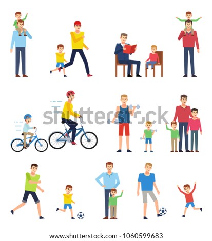 Father and son spending time together. Man with his son playing football, running, riding bikes, reading, having fun. Flat design vector illustration