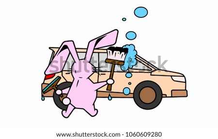 Crazy rabbit washes the car with a brush. car wash. Vector illustration.