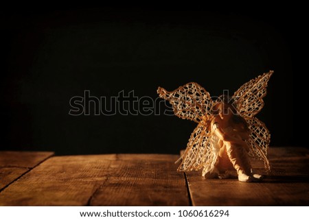 image of magical little fairy sitting on old wooden floor
